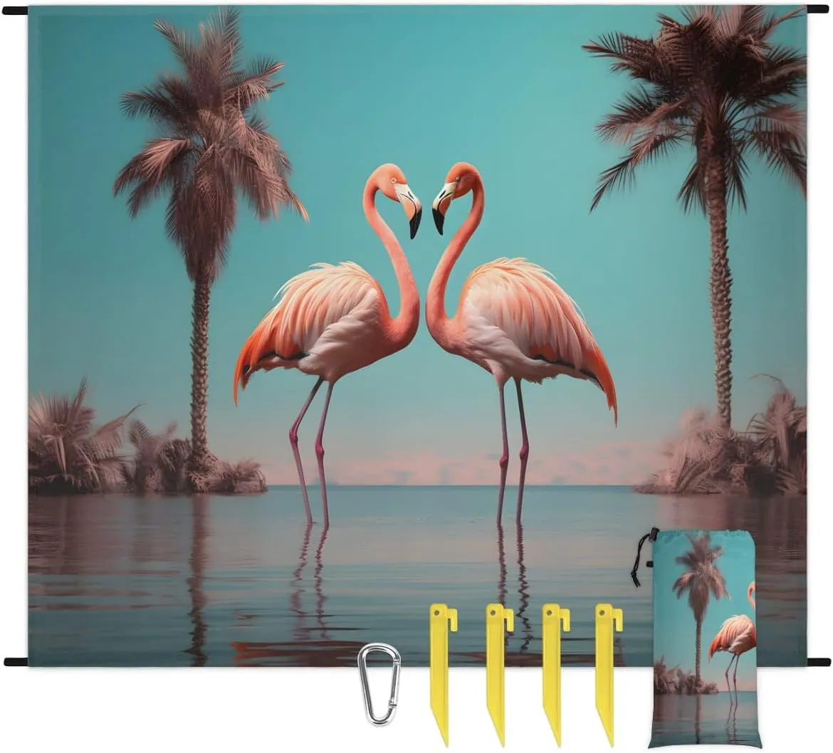 Summer Birds Beach Blanket, Sandproof Beach Mat, 68 x 59 Waterproof Quick Drying Sand Free Mat with 4 x Ground Spikes for Outdoor Travel Camping Hiking, Palm Tree