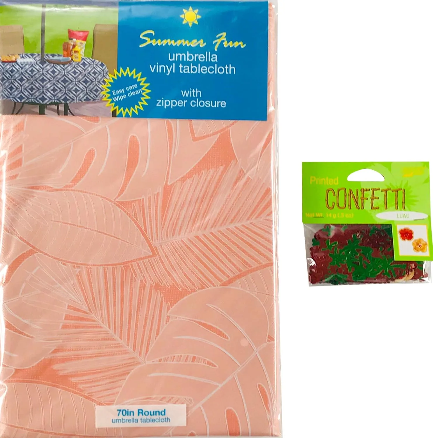 Summer Coral Orange Palm Leaf Sketch Umbrella Vinyl Tablecloths: Patio Table Cover with Hole and Zipper Closure for Umbrella, 52" x 70" inch Rectangle