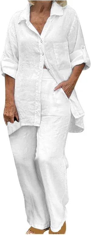 Summer Cotton Linen 2 Piece Outfits for Women Casual Rolled Sleeve Button-Down Shirts Top and Long Pants Matching Sets