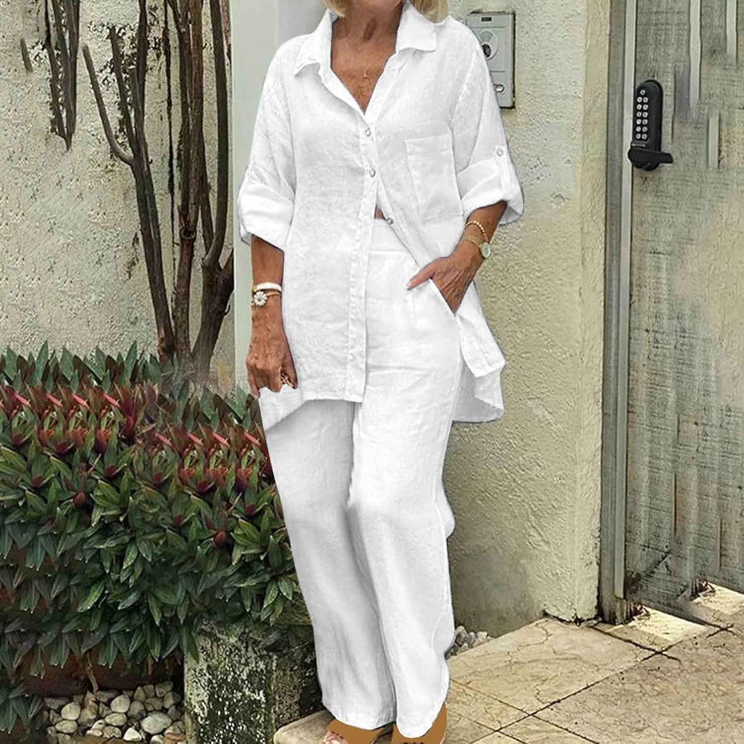 Summer Cotton Linen 2 Piece Outfits for Women Casual Rolled Sleeve Button-Down Shirts Top and Long Pants Matching Sets