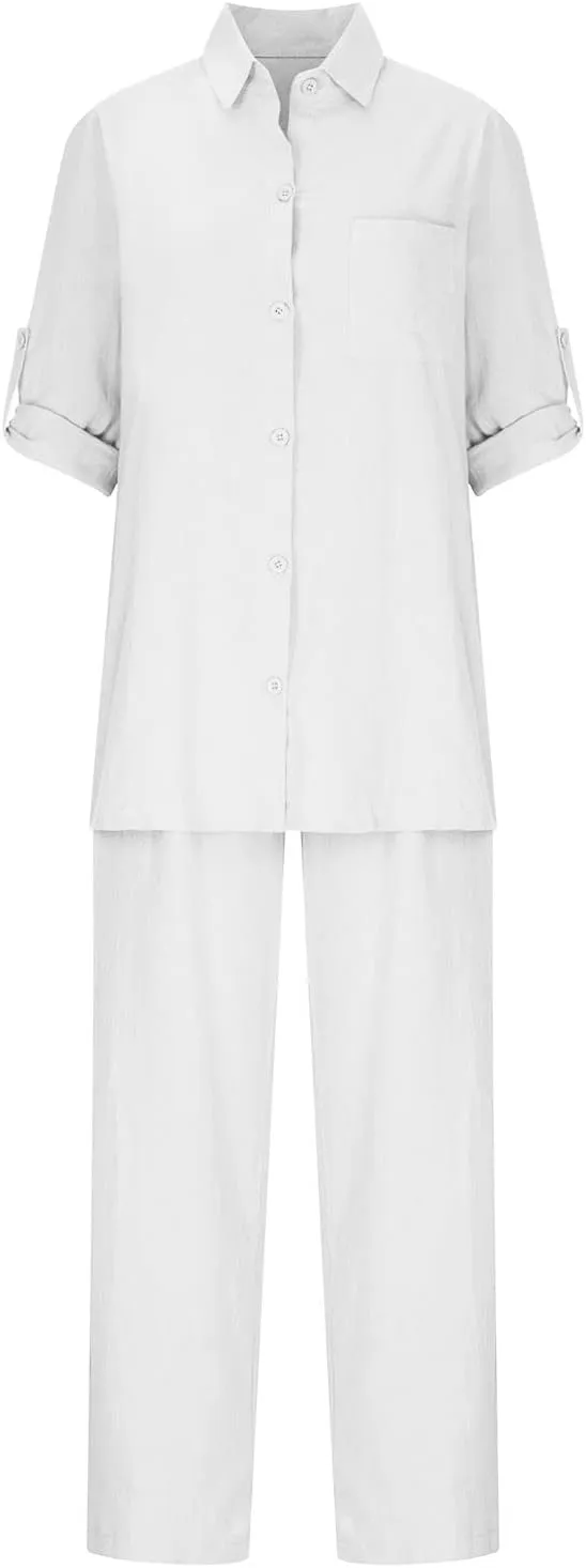 Summer Cotton Linen 2 Piece Outfits for Women Casual Rolled Sleeve Button-Down Shirts Top and Long Pants Matching Sets