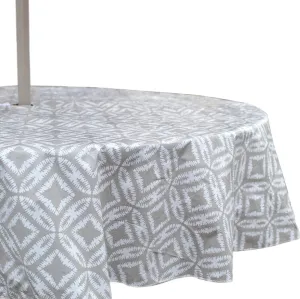 Summer Geometric Circle Star Umbrella Vinyl Tablecloths: Patio Table Cover with Hole and Zipper Closure for Umbrella, Taupe White, 52" x 70" inch Rectangle