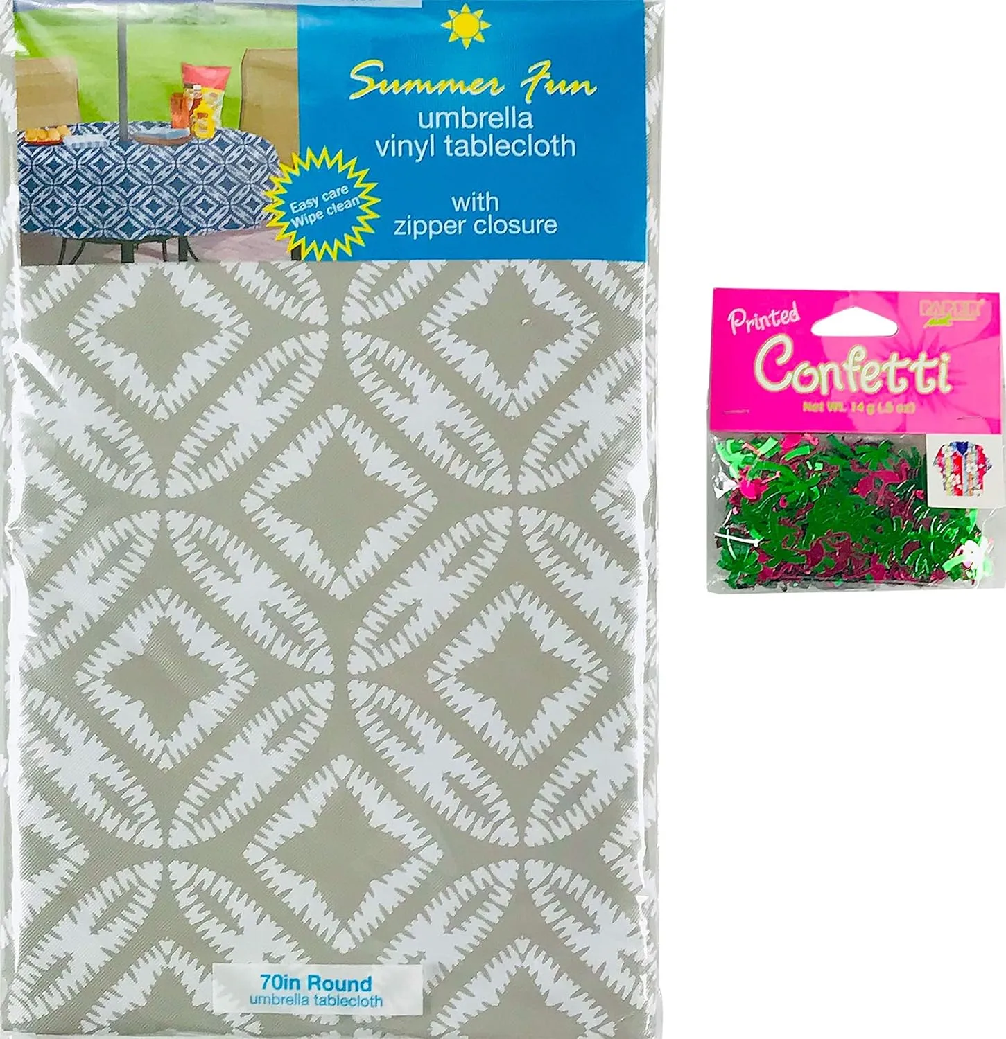 Summer Geometric Circle Star Umbrella Vinyl Tablecloths: Patio Table Cover with Hole and Zipper Closure for Umbrella, Taupe White, 52" x 70" inch Rectangle