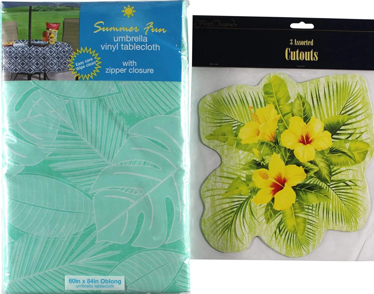 Summer Palm Leaf Sketch Umbrella Vinyl Tablecloths: Patio Table Cover with Hole and Zipper Closure for Umbrella, 52" x 70" inch Rectangle