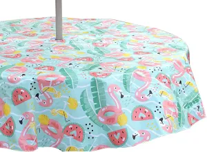 Summer Tropical Flamingo Pool Party Fun Vinyl Tablecloths: Patio Table Umbrella Table Cover with Hole Zipper, Aqua Green Mint Coral Red Yellow White, 52 x 70 Inch Rectangle