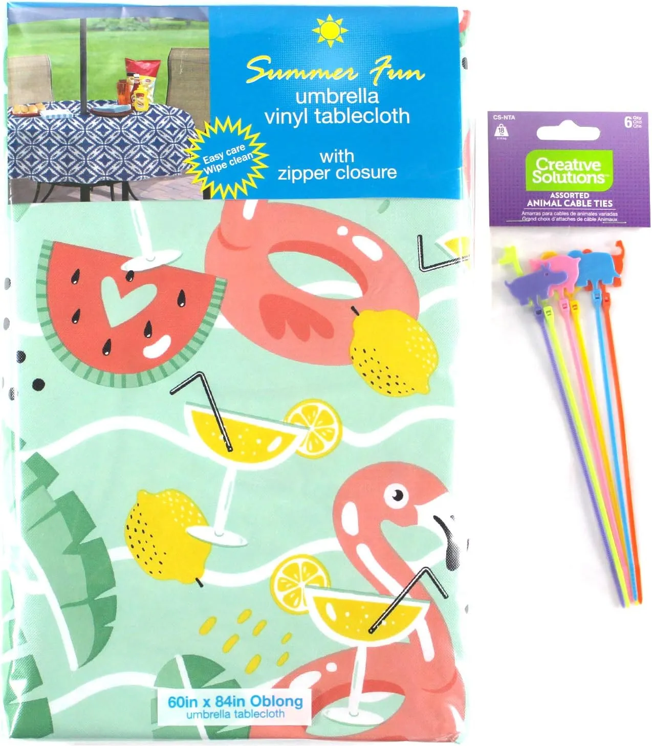Summer Tropical Flamingo Pool Party Fun Vinyl Tablecloths: Patio Table Umbrella Table Cover with Hole Zipper, Aqua Green Mint Coral Red Yellow White, 52 x 70 Inch Rectangle