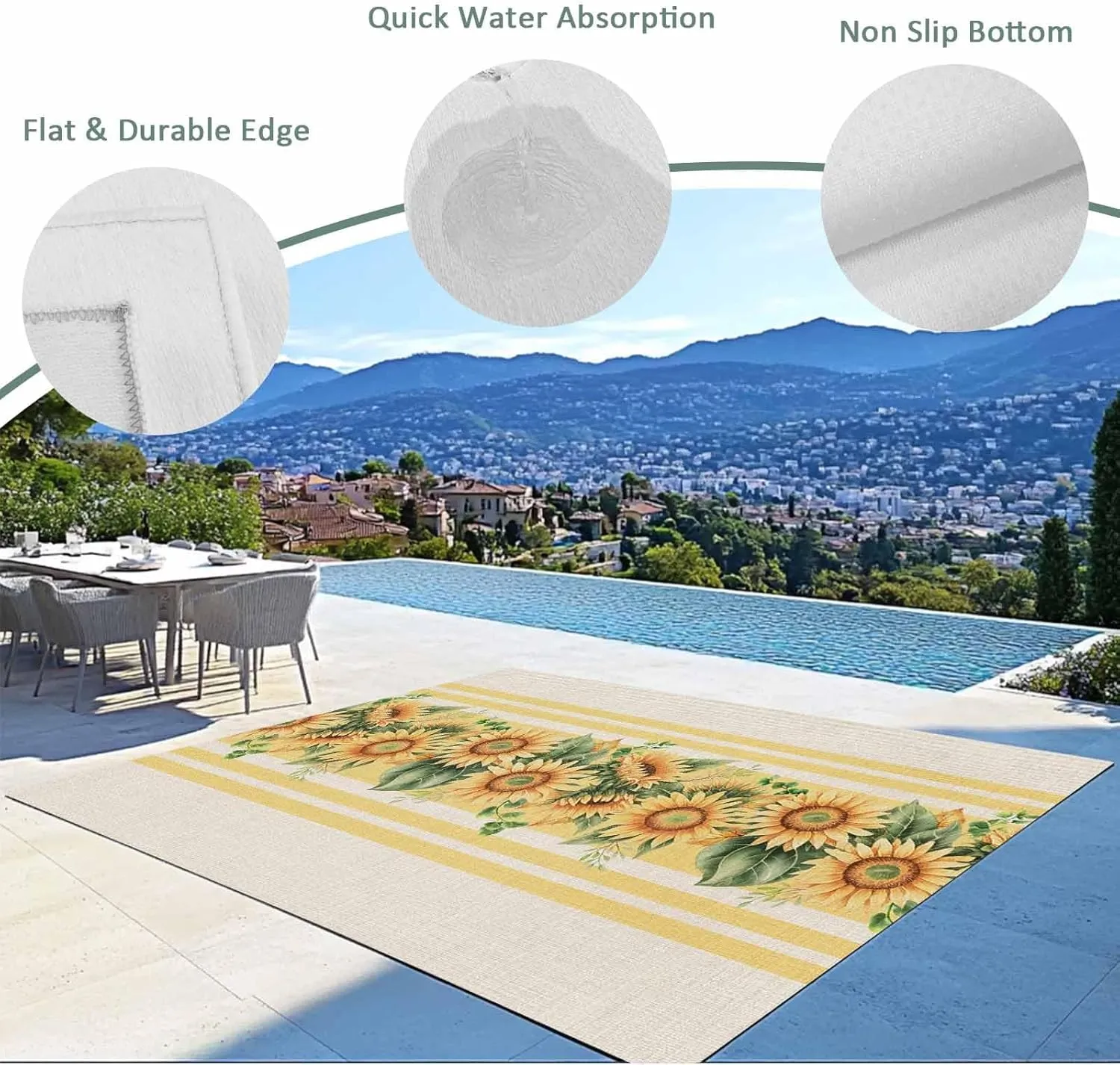 Sunflower Outdoor Rug 4x6ft Large Patio Rug,Washable RV Camping Outside Area Runner Rug Mat,Yelllow Striped Farmhouse Country Pastoral Carpet for Picnic Backyard Deck Porch Balcony Beach & Indoor