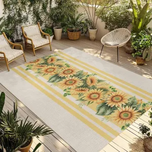 Sunflower Outdoor Rug 4x6ft Large Patio Rug,Washable RV Camping Outside Area Runner Rug Mat,Yelllow Striped Farmhouse Country Pastoral Carpet for Picnic Backyard Deck Porch Balcony Beach & Indoor