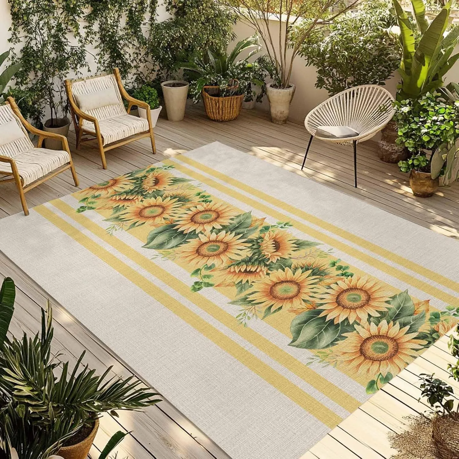 Sunflower Outdoor Rug 4x6ft Large Patio Rug,Washable RV Camping Outside Area Runner Rug Mat,Yelllow Striped Farmhouse Country Pastoral Carpet for Picnic Backyard Deck Porch Balcony Beach & Indoor