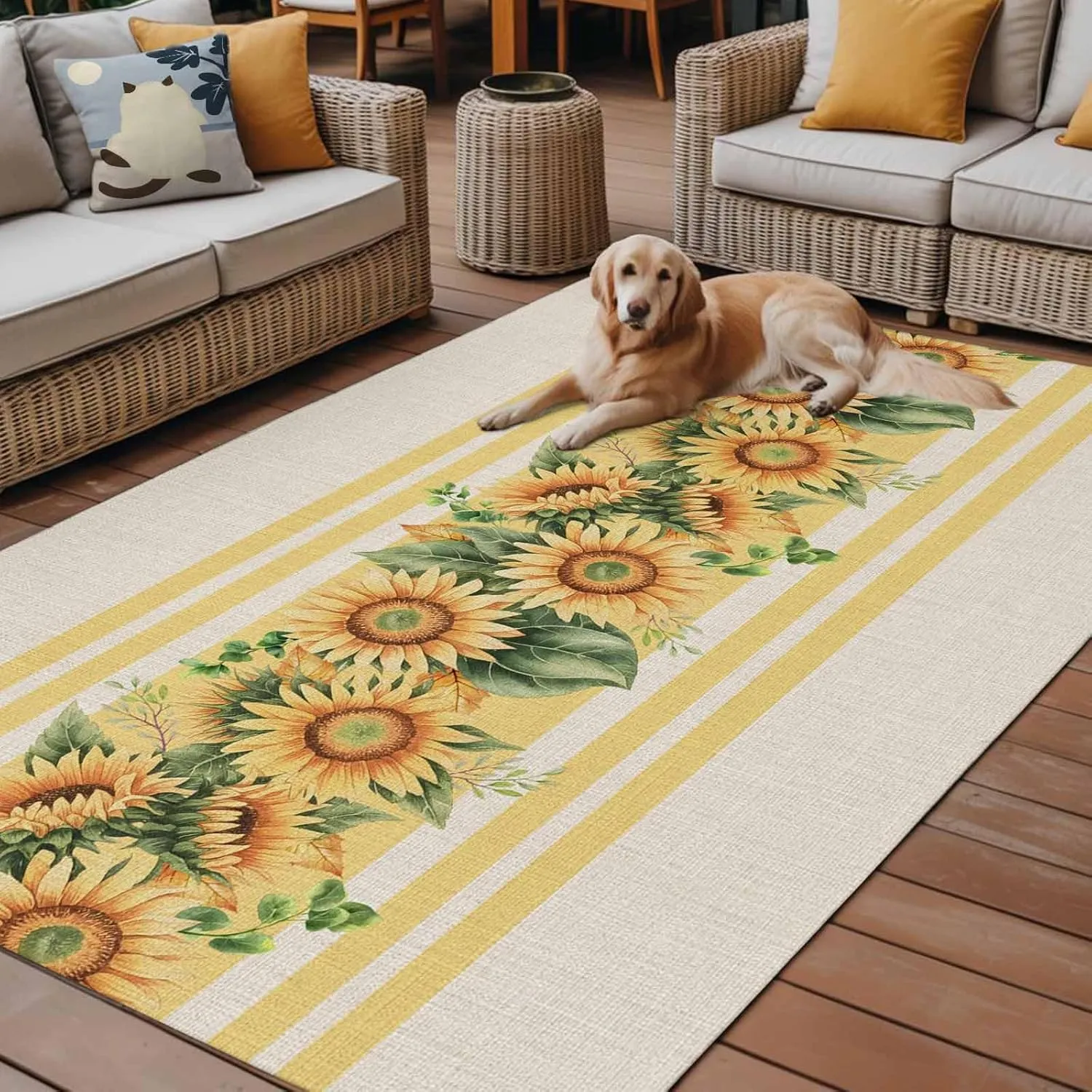 Sunflower Outdoor Rug 4x6ft Large Patio Rug,Washable RV Camping Outside Area Runner Rug Mat,Yelllow Striped Farmhouse Country Pastoral Carpet for Picnic Backyard Deck Porch Balcony Beach & Indoor