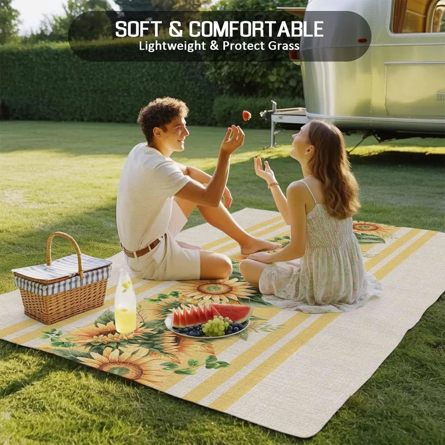 Sunflower Outdoor Rug 4x6ft Large Patio Rug,Washable RV Camping Outside Area Runner Rug Mat,Yelllow Striped Farmhouse Country Pastoral Carpet for Picnic Backyard Deck Porch Balcony Beach & Indoor