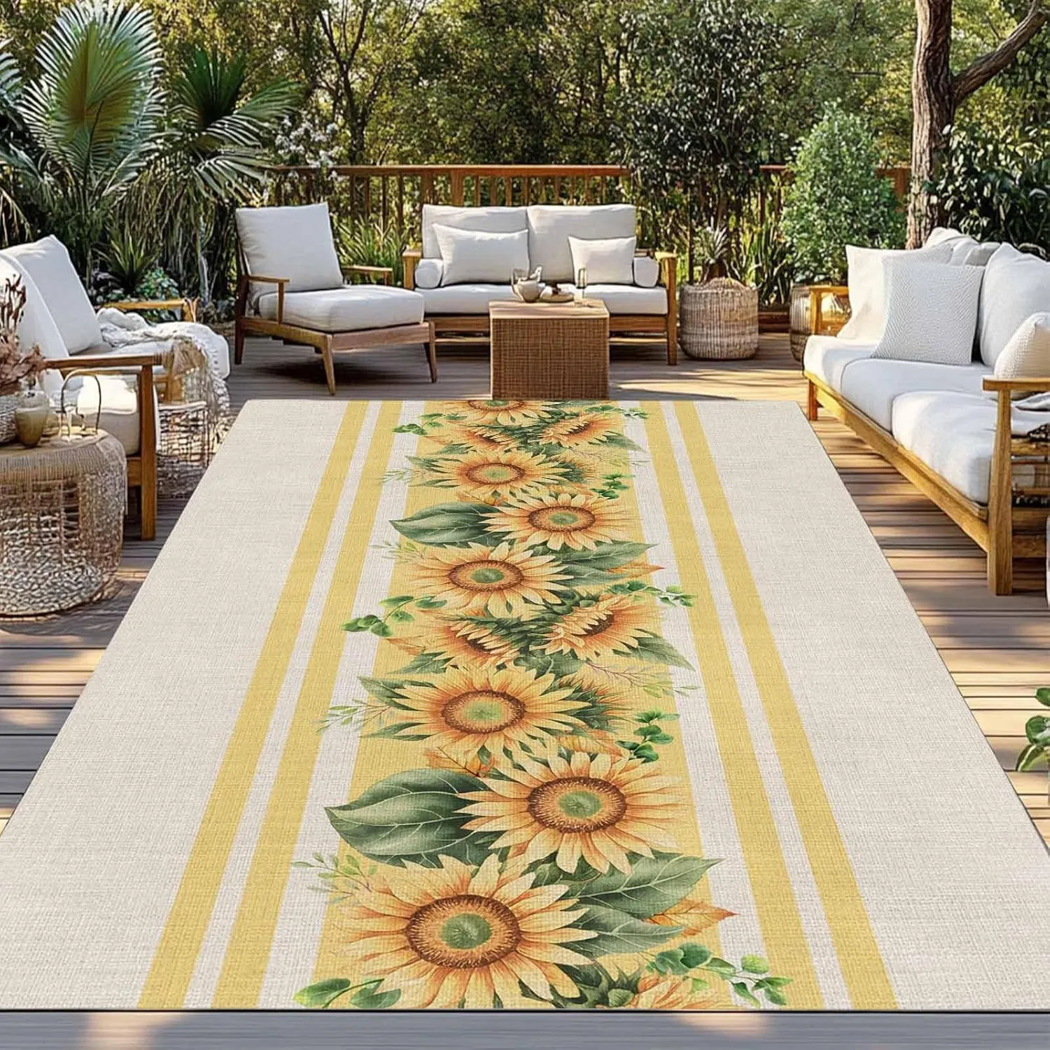 Sunflower Outdoor Rug 4x6ft Large Patio Rug,Washable RV Camping Outside Area Runner Rug Mat,Yelllow Striped Farmhouse Country Pastoral Carpet for Picnic Backyard Deck Porch Balcony Beach & Indoor