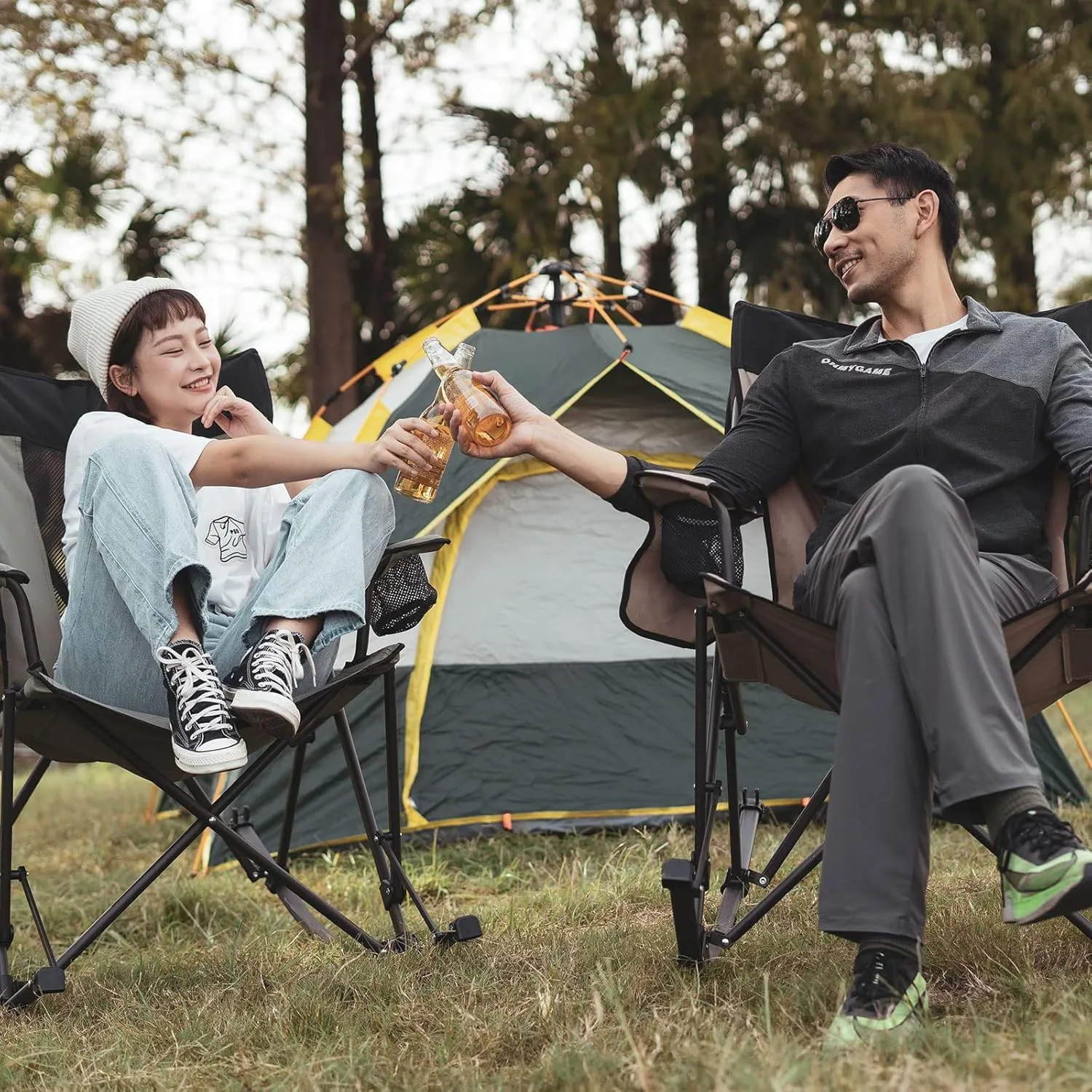 SUNNYFEEL Camping Rocking Chair, Folding Lawn Chairs with Cup Holder, Storage Pocket, Mesh Back Recliner for Beach/Outdoor/Travel/Picnic/Patio, Portable Camp Rocker Chair with Carry Bag
