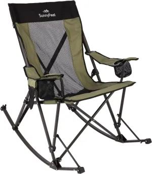 SUNNYFEEL Camping Rocking Chair, Folding Lawn Chairs with Cup Holder, Storage Pocket, Mesh Back Recliner for Beach/Outdoor/Travel/Picnic/Patio, Portable Camp Rocker Chair with Carry Bag