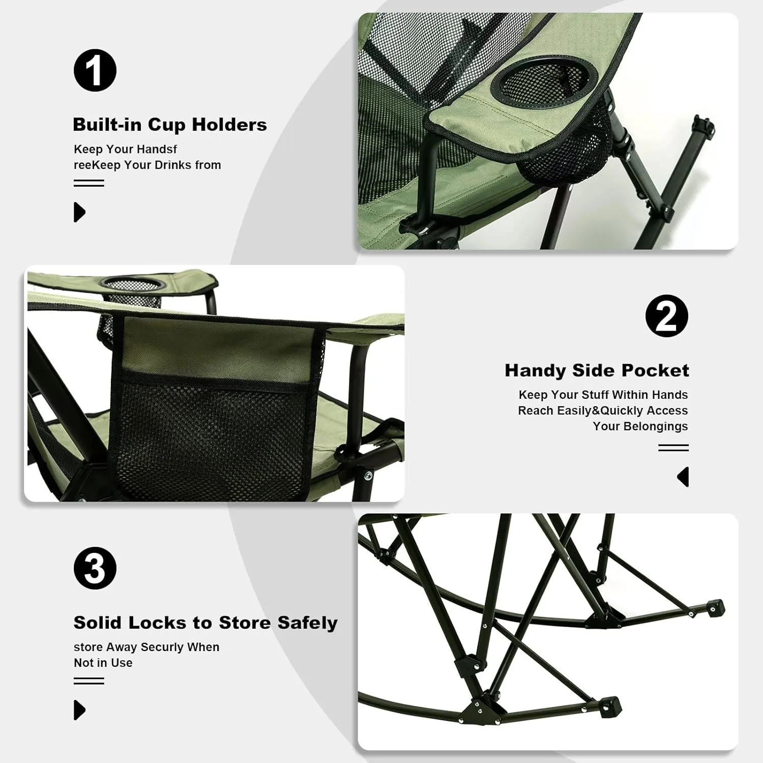 SUNNYFEEL Camping Rocking Chair, Folding Lawn Chairs with Cup Holder, Storage Pocket, Mesh Back Recliner for Beach/Outdoor/Travel/Picnic/Patio, Portable Camp Rocker Chair with Carry Bag
