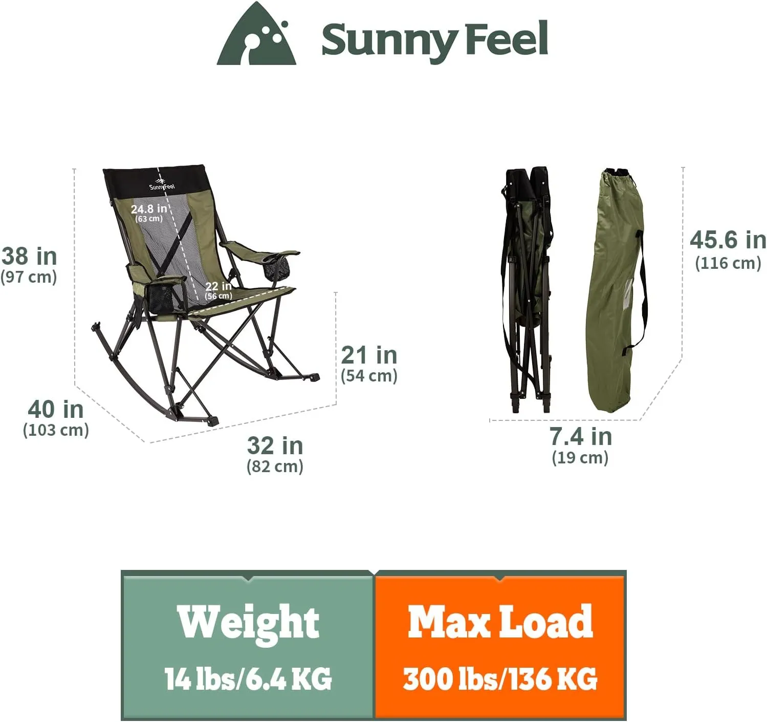 SUNNYFEEL Camping Rocking Chair, Folding Lawn Chairs with Cup Holder, Storage Pocket, Mesh Back Recliner for Beach/Outdoor/Travel/Picnic/Patio, Portable Camp Rocker Chair with Carry Bag