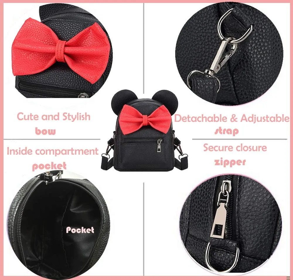 Sunwel Fashion Girls Mini Backpack Purse Mouse Ear Polka-dot Sequin Bow Convertible Backpack to Crossbody Bag for Women (black sequin bow, W8.7 x H10)