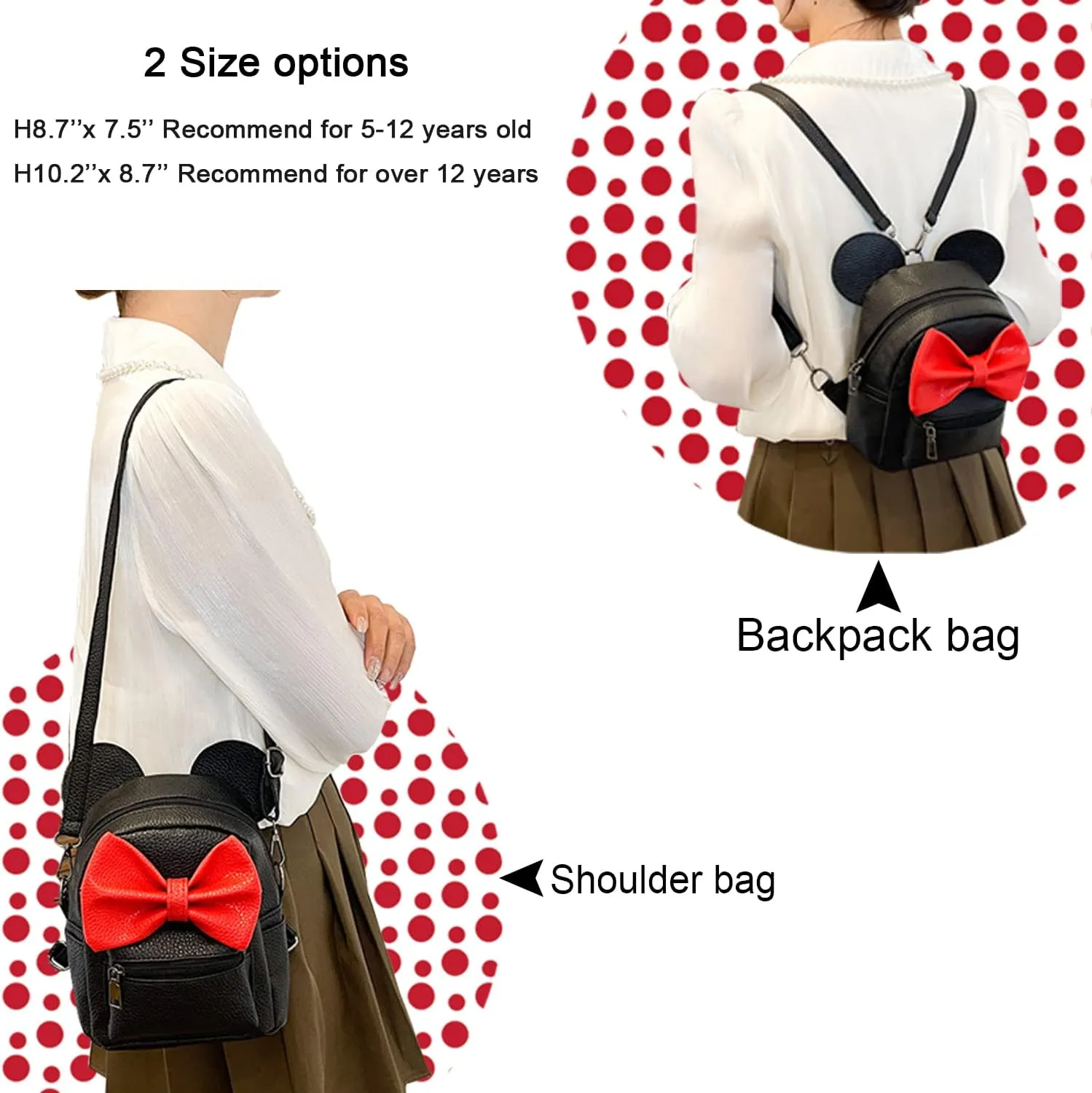 Sunwel Fashion Girls Mini Backpack Purse Mouse Ear Polka-dot Sequin Bow Convertible Backpack to Crossbody Bag for Women (black sequin bow, W8.7 x H10)