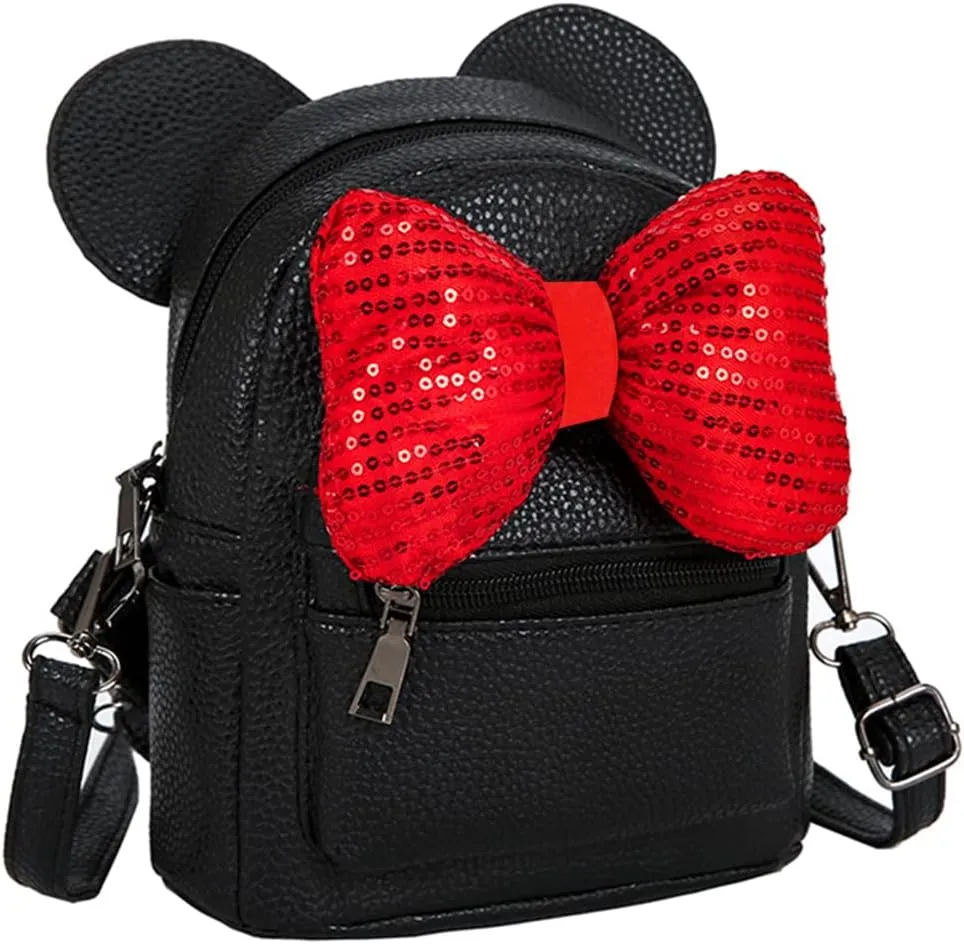 Sunwel Fashion Girls Mini Backpack Purse Mouse Ear Polka-dot Sequin Bow Convertible Backpack to Crossbody Bag for Women (black sequin bow, W8.7 x H10)