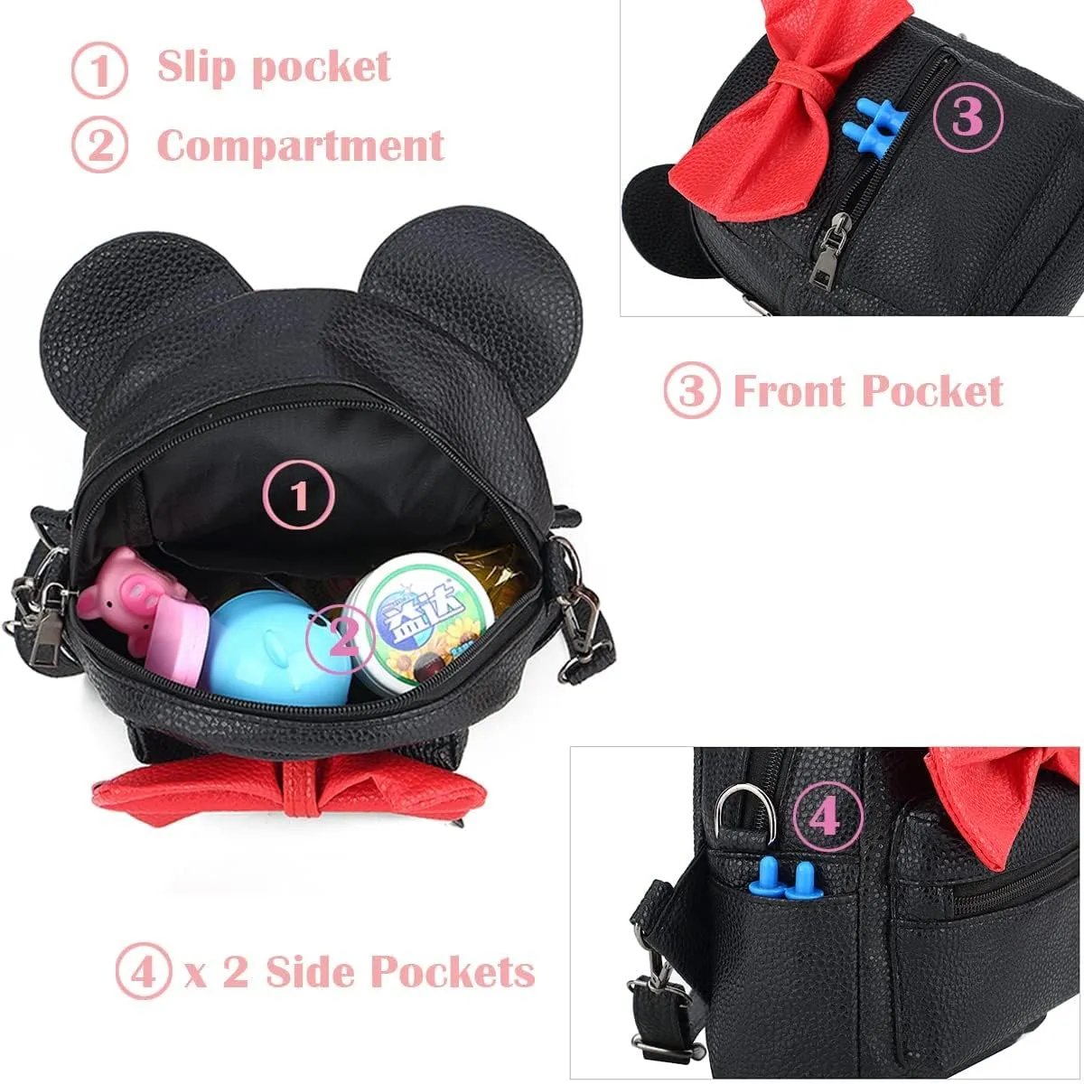 Sunwel Fashion Girls Mini Backpack Purse Mouse Ear Polka-dot Sequin Bow Convertible Backpack to Crossbody Bag for Women (black sequin bow, W8.7 x H10)
