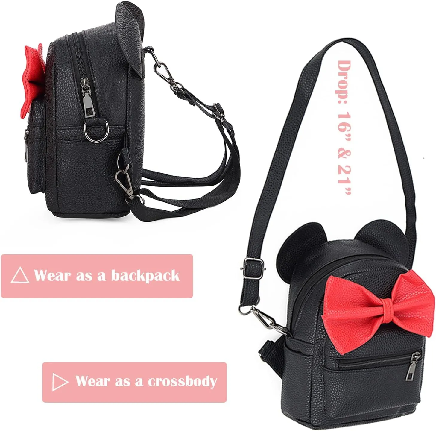 Sunwel Fashion Girls Mini Backpack Purse Mouse Ear Polka-dot Sequin Bow Convertible Backpack to Crossbody Bag for Women (black sequin bow, W8.7 x H10)