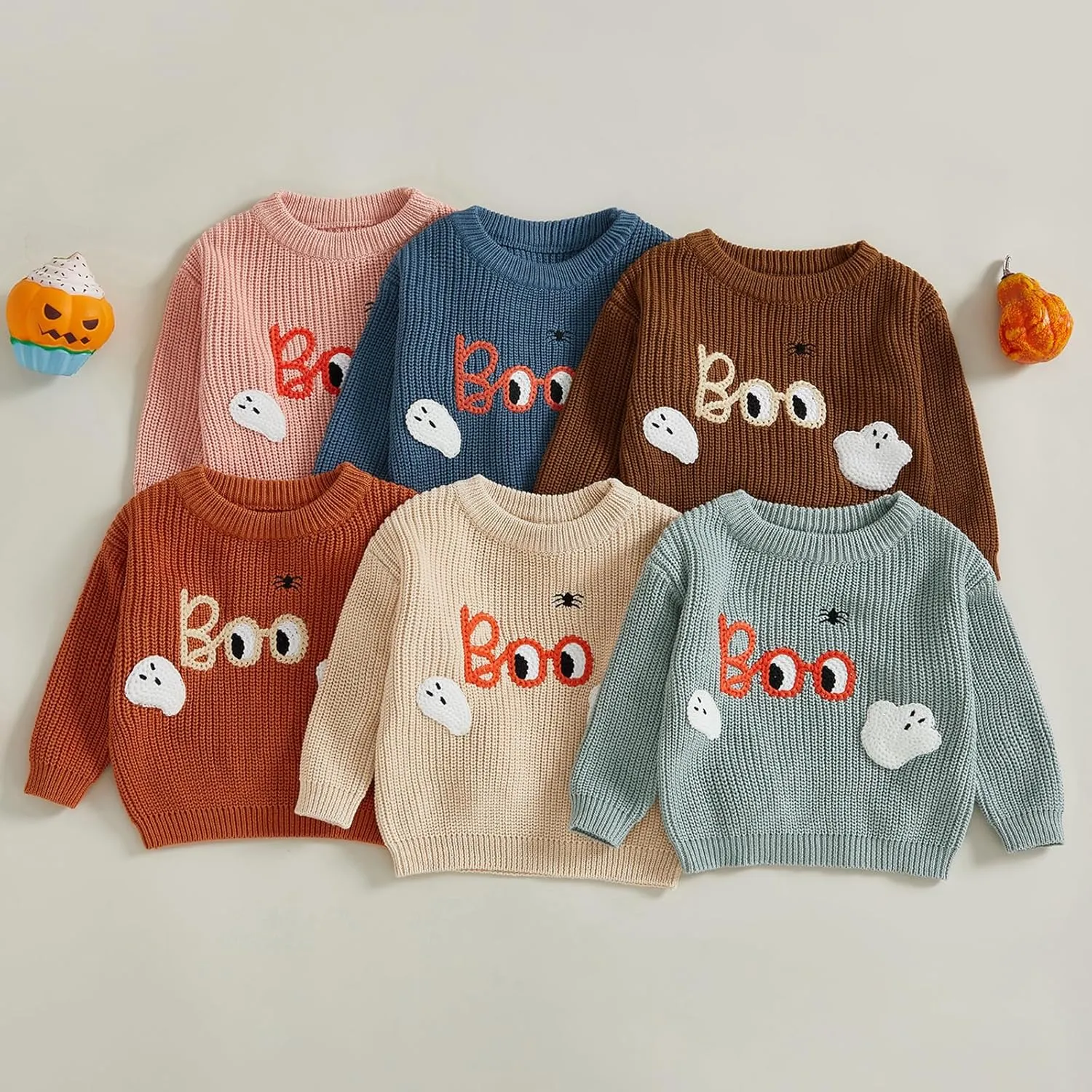 Suolongsama Toddler Baby Boy Girl Halloween Sweater Ghost Embroidery Crewneck Knit Sweatshirt Warm Fall Winter Clothes