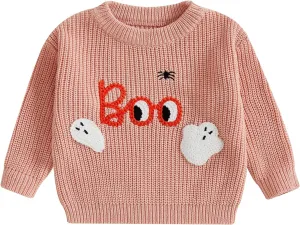 Suolongsama Toddler Baby Boy Girl Halloween Sweater Ghost Embroidery Crewneck Knit Sweatshirt Warm Fall Winter Clothes