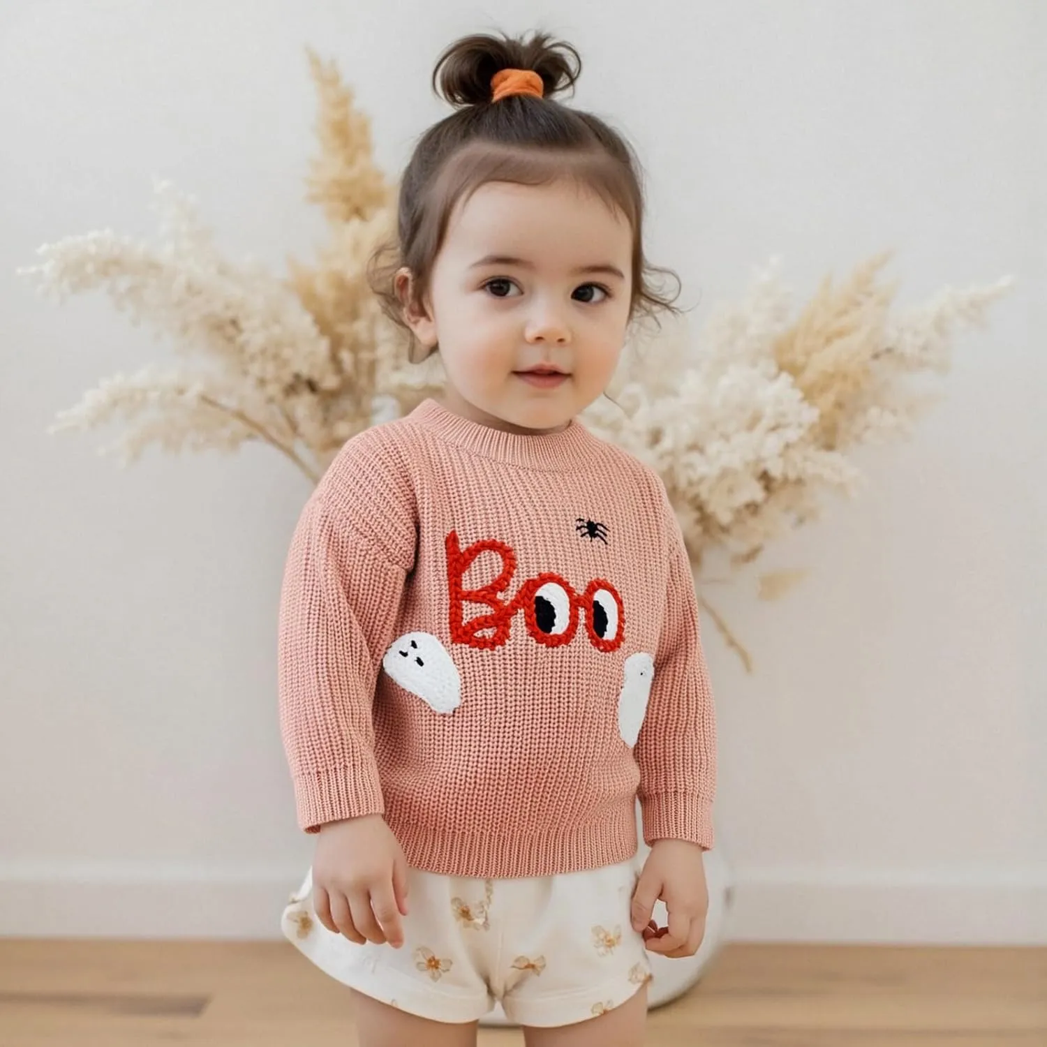 Suolongsama Toddler Baby Boy Girl Halloween Sweater Ghost Embroidery Crewneck Knit Sweatshirt Warm Fall Winter Clothes