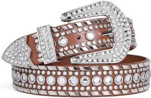 SUOSDEY Rhinestone Belt for Men Women Western Cowboy Cowgirl Bling Studded Leather Belt for Jeans Pants