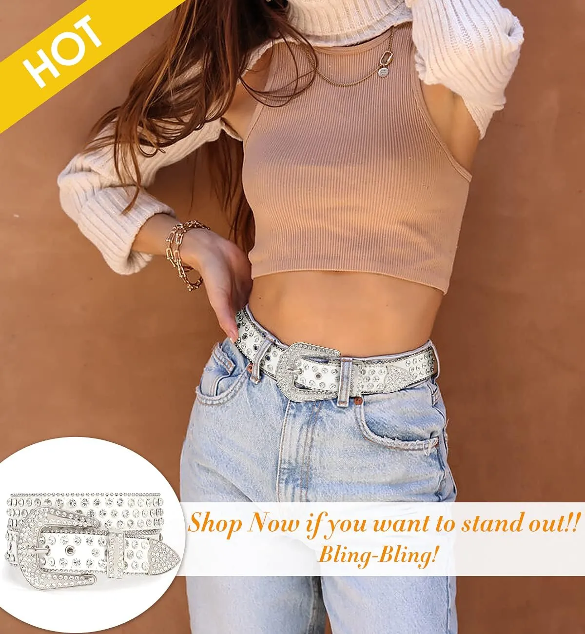 SUOSDEY Rhinestone Belt for Men Women Western Cowboy Cowgirl Bling Studded Leather Belt for Jeans Pants