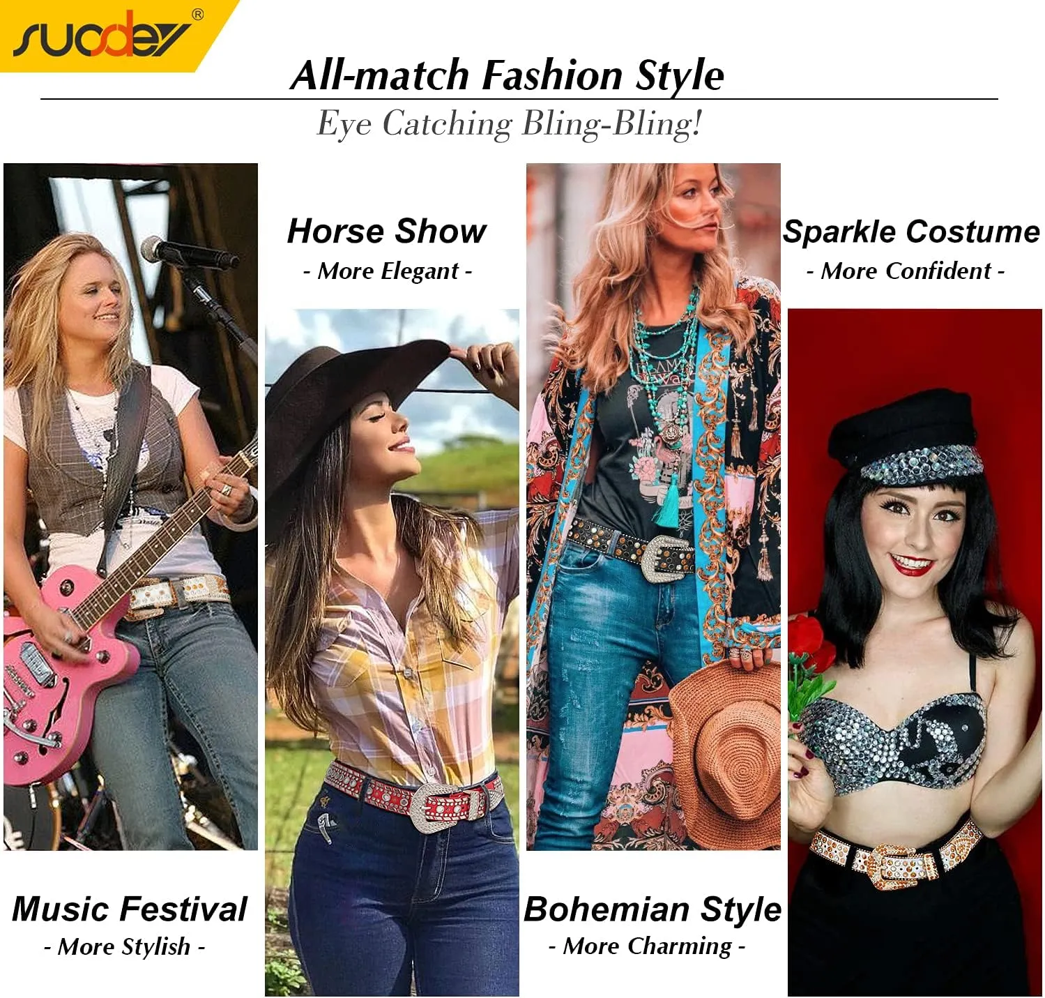 SUOSDEY Rhinestone Belt for Men Women Western Cowboy Cowgirl Bling Studded Leather Belt for Jeans Pants