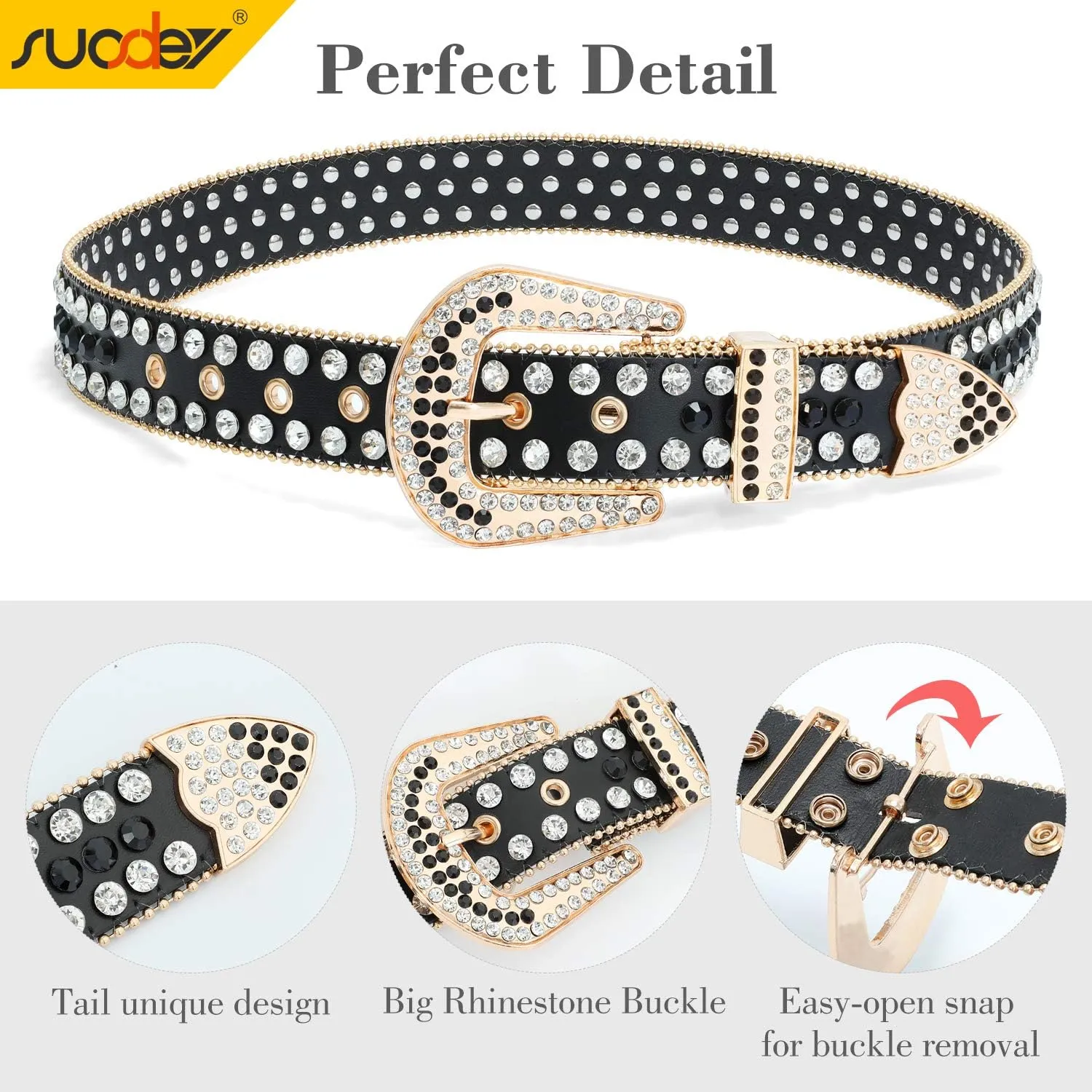 SUOSDEY Rhinestone Belt for Men Women Western Cowboy Cowgirl Bling Studded Leather Belt for Jeans Pants