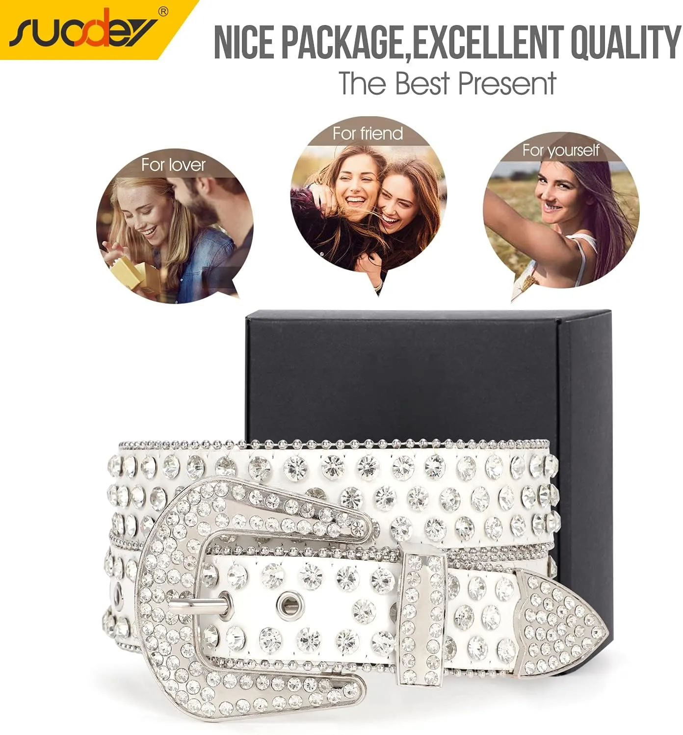 SUOSDEY Rhinestone Belt for Men Women Western Cowboy Cowgirl Bling Studded Leather Belt for Jeans Pants