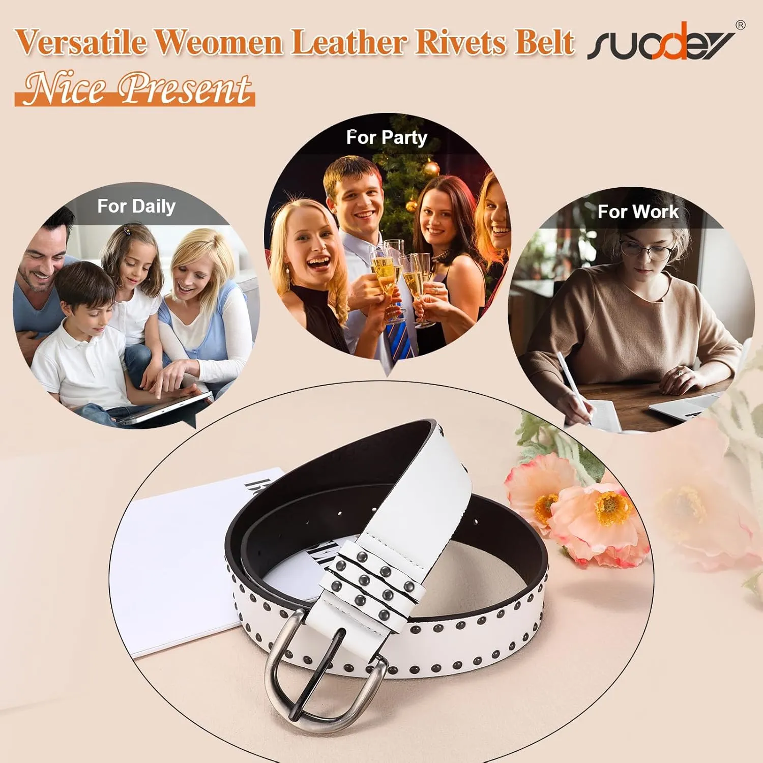 SUOSDEY Women Leather Rivets Belts for Jeans Pants Dresses Studded Leather Belts with Silver Buckle
