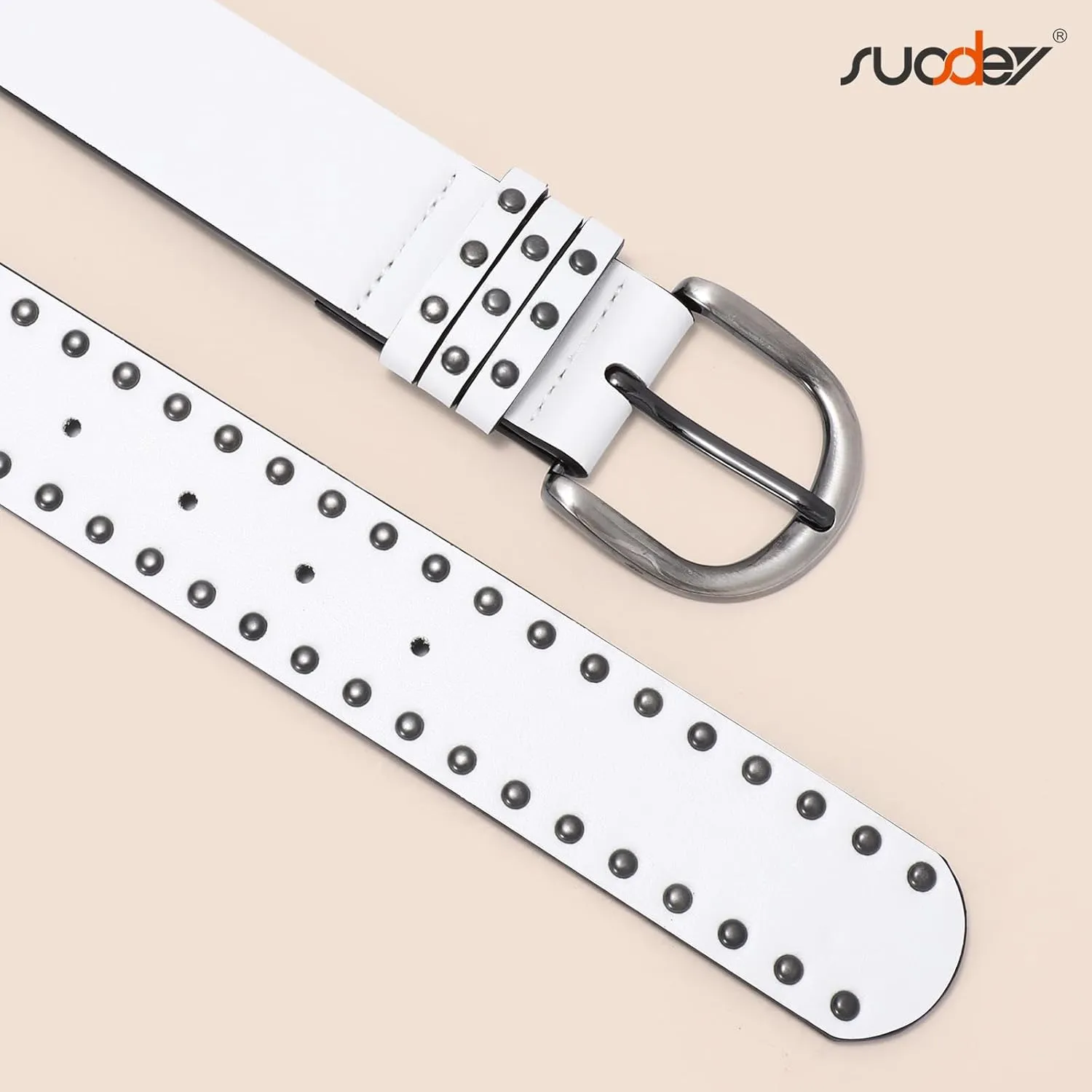 SUOSDEY Women Leather Rivets Belts for Jeans Pants Dresses Studded Leather Belts with Silver Buckle
