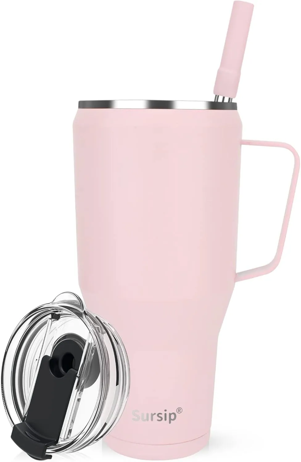 Sursip 40 oz Insulated Tumbler with Screw Lid - Stainless Steel Vacuum Cup with Straw and Handle, Keeps Drinks Cold up to 24 Hours - Sweat/Leak Proof, Dishwasher Safe, Fits Car Cup Holder (Pink)
