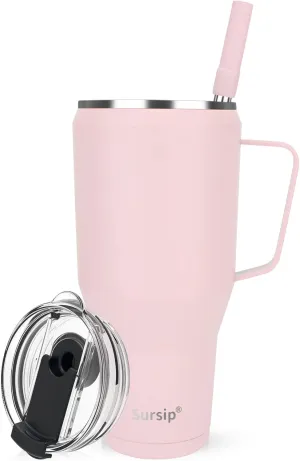 Sursip 40 oz Insulated Tumbler with Screw Lid - Stainless Steel Vacuum Cup with Straw and Handle, Keeps Drinks Cold up to 24 Hours - Sweat/Leak Proof, Dishwasher Safe, Fits Car Cup Holder (Pink)