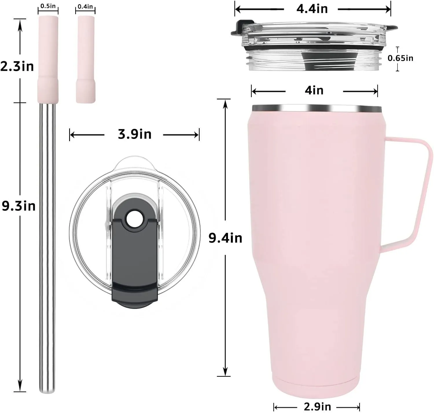 Sursip 40 oz Insulated Tumbler with Screw Lid - Stainless Steel Vacuum Cup with Straw and Handle, Keeps Drinks Cold up to 24 Hours - Sweat/Leak Proof, Dishwasher Safe, Fits Car Cup Holder (Pink)