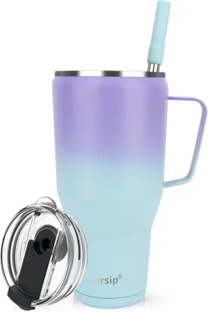 Sursip 40 oz Insulated Tumbler with Screw Lid - Stainless Steel Vacuum Cup with Straw/Handle, Keeps Drinks Cold up to 24 Hours - Sweat/Leak Proof, Dishwasher Safe, Fits Car Cup Holder (Purple＆Blue)