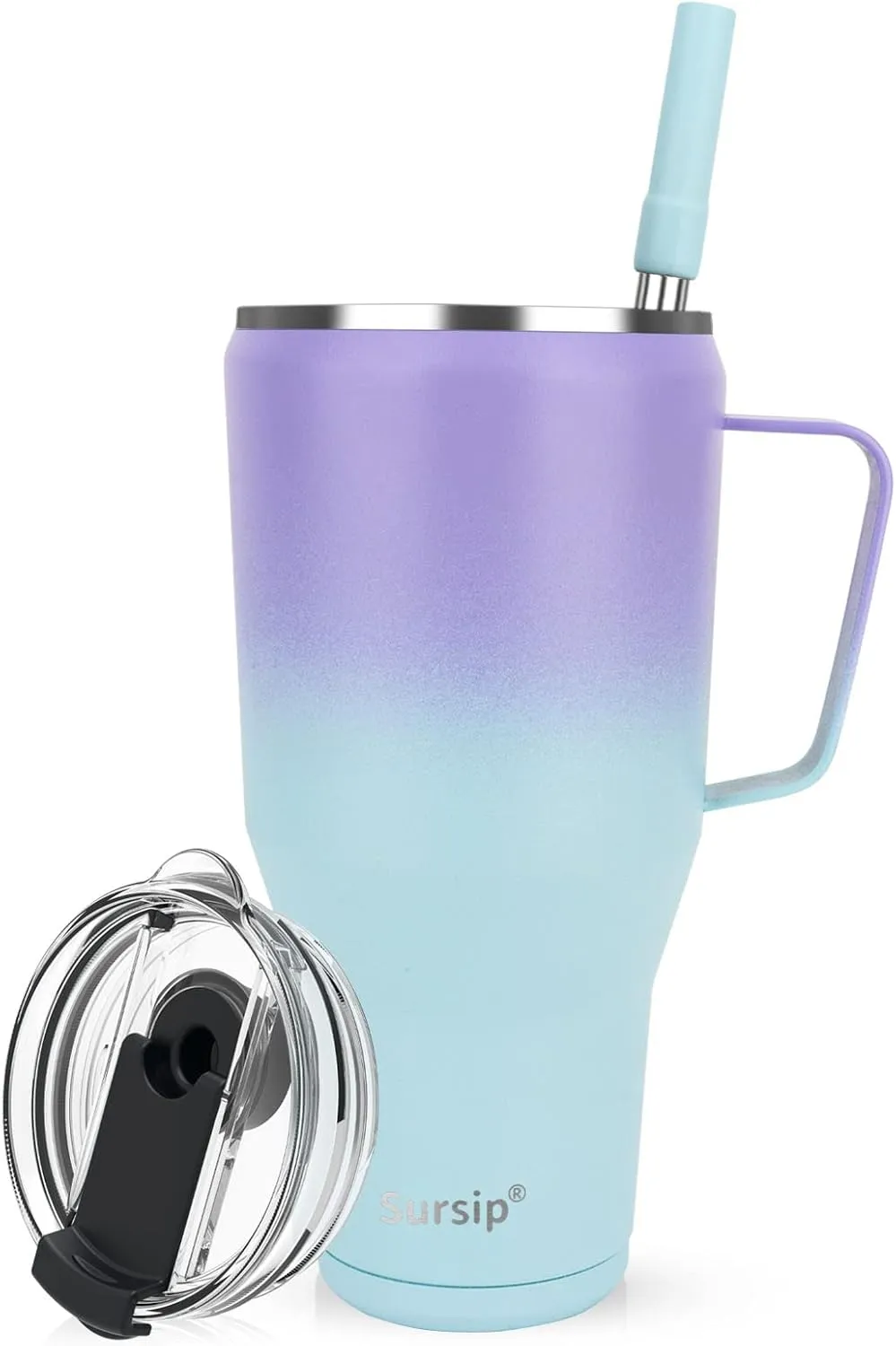 Sursip 40 oz Insulated Tumbler with Screw Lid - Stainless Steel Vacuum Cup with Straw/Handle, Keeps Drinks Cold up to 24 Hours - Sweat/Leak Proof, Dishwasher Safe, Fits Car Cup Holder (Purple＆Blue)