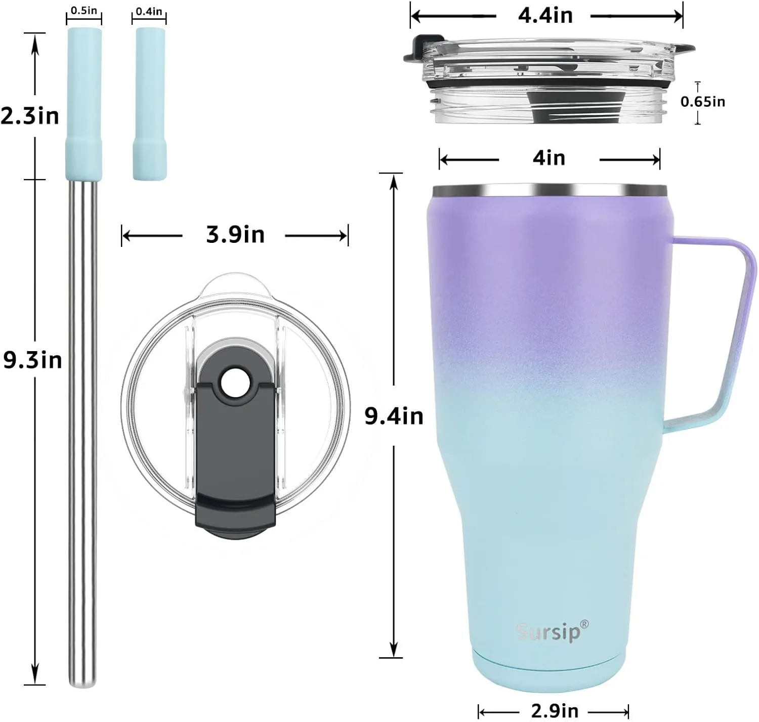 Sursip 40 oz Insulated Tumbler with Screw Lid - Stainless Steel Vacuum Cup with Straw/Handle, Keeps Drinks Cold up to 24 Hours - Sweat/Leak Proof, Dishwasher Safe, Fits Car Cup Holder (Purple＆Blue)