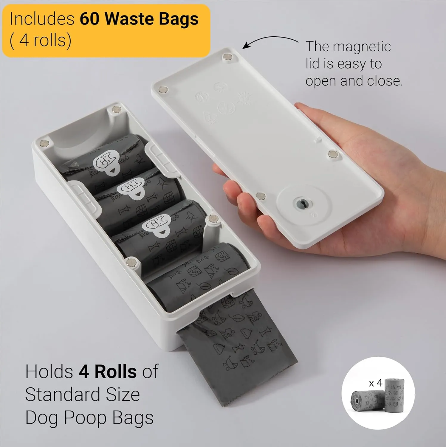 SVD.PET Dog Poop Bag Dispenser with 60 Bags, Wall Mount Waste Bag dispenser, Holds 4 Rolls of Waste Bags, Indoor/Outdoor Wall mount or Place on Table(White, Dispenser   Bags)