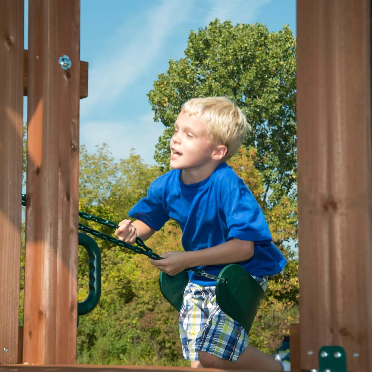 Swing-N-Slide Caribou Valley Wooden Swing Set with Wood Roof, Wave Slide, Monkey Bars, Climbing Wall, Ladder, Picnic Table, and Swings, Green Slide