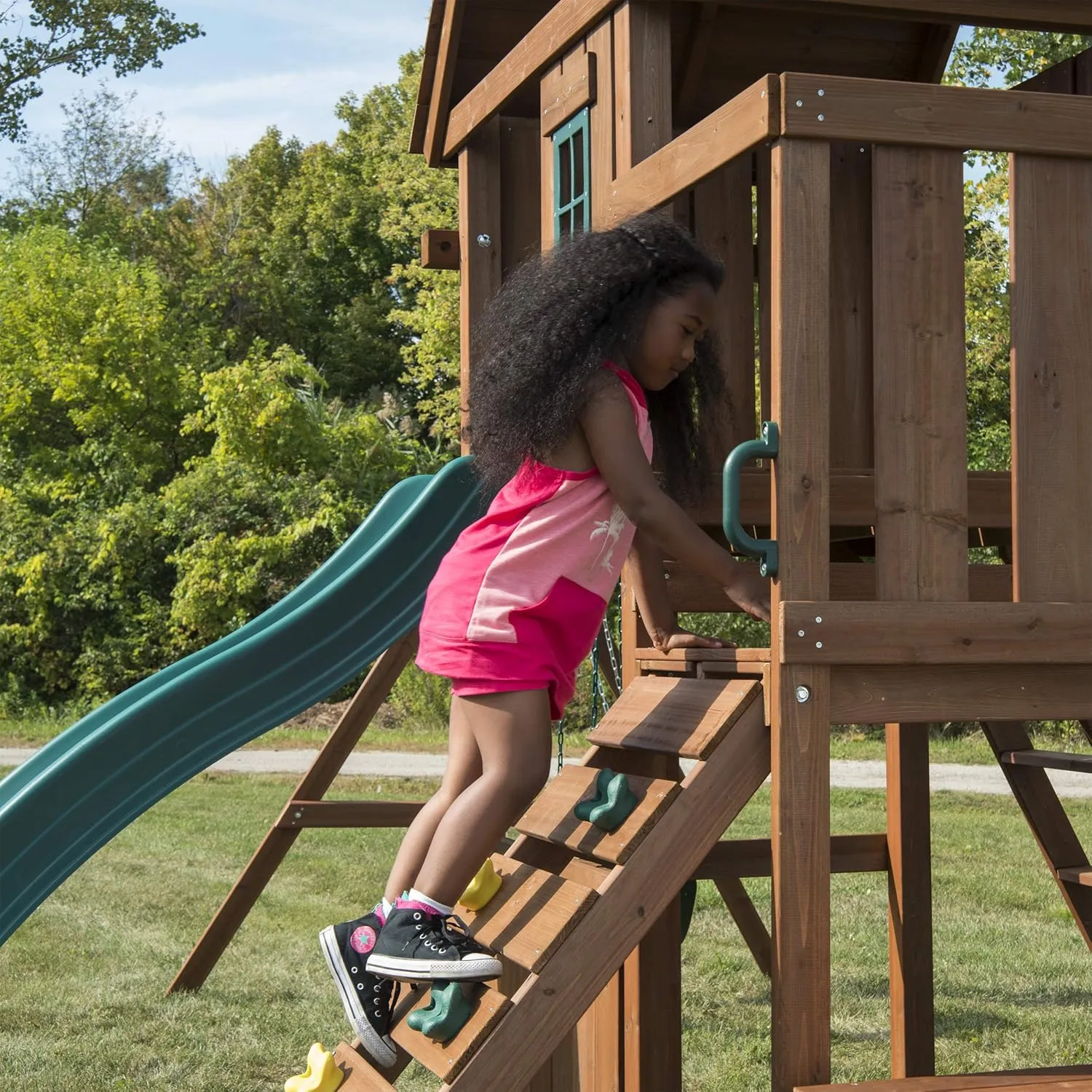 Swing-N-Slide Caribou Valley Wooden Swing Set with Wood Roof, Wave Slide, Monkey Bars, Climbing Wall, Ladder, Picnic Table, and Swings, Green Slide