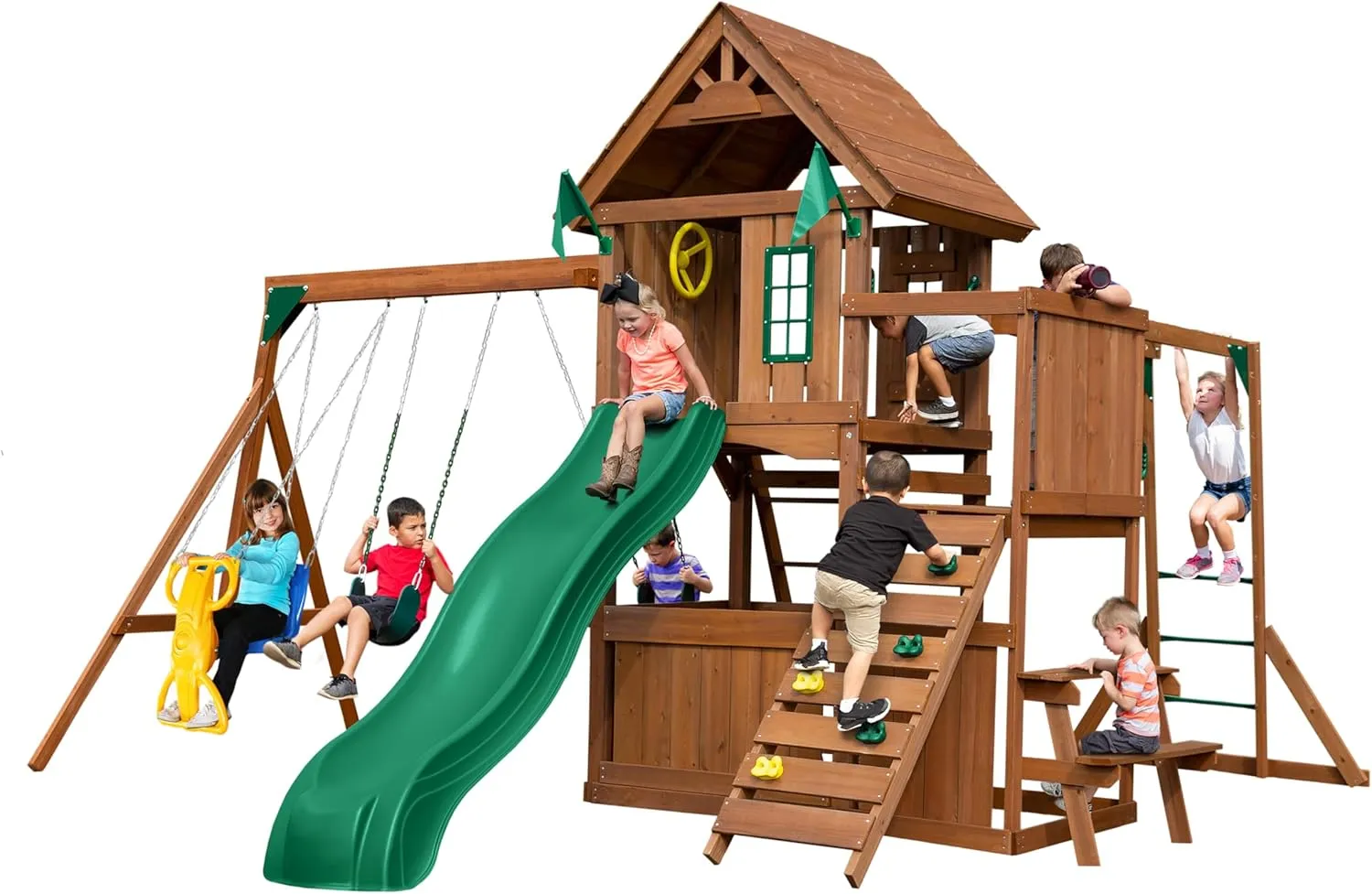 Swing-N-Slide Caribou Valley Wooden Swing Set with Wood Roof, Wave Slide, Monkey Bars, Climbing Wall, Ladder, Picnic Table, and Swings, Green Slide