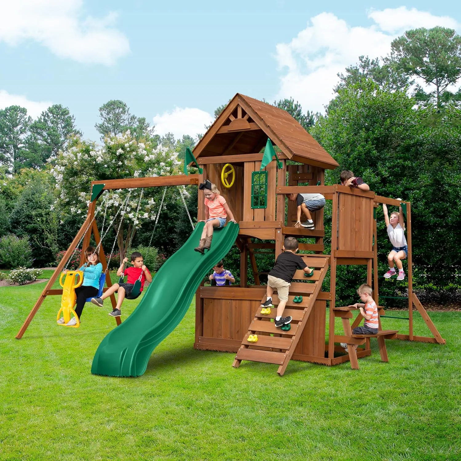 Swing-N-Slide Caribou Valley Wooden Swing Set with Wood Roof, Wave Slide, Monkey Bars, Climbing Wall, Ladder, Picnic Table, and Swings, Green Slide