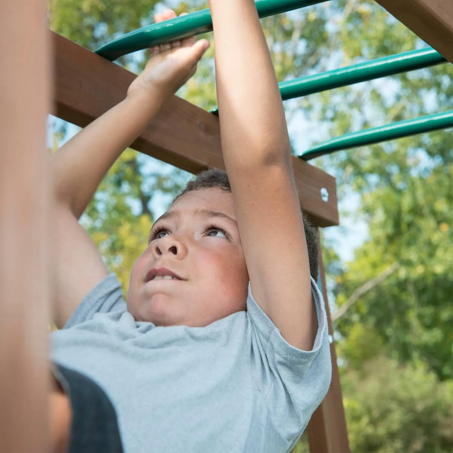 Swing-N-Slide Caribou Valley Wooden Swing Set with Wood Roof, Wave Slide, Monkey Bars, Climbing Wall, Ladder, Picnic Table, and Swings, Green Slide