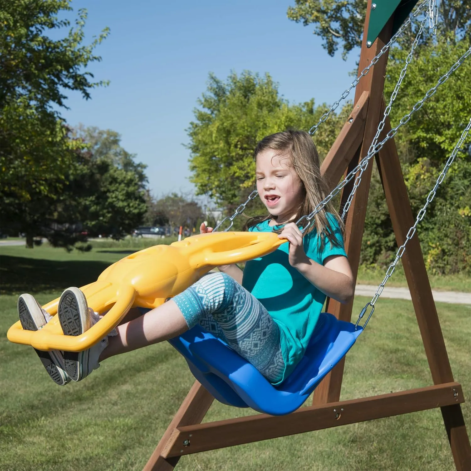 Swing-N-Slide Caribou Valley Wooden Swing Set with Wood Roof, Wave Slide, Monkey Bars, Climbing Wall, Ladder, Picnic Table, and Swings, Green Slide