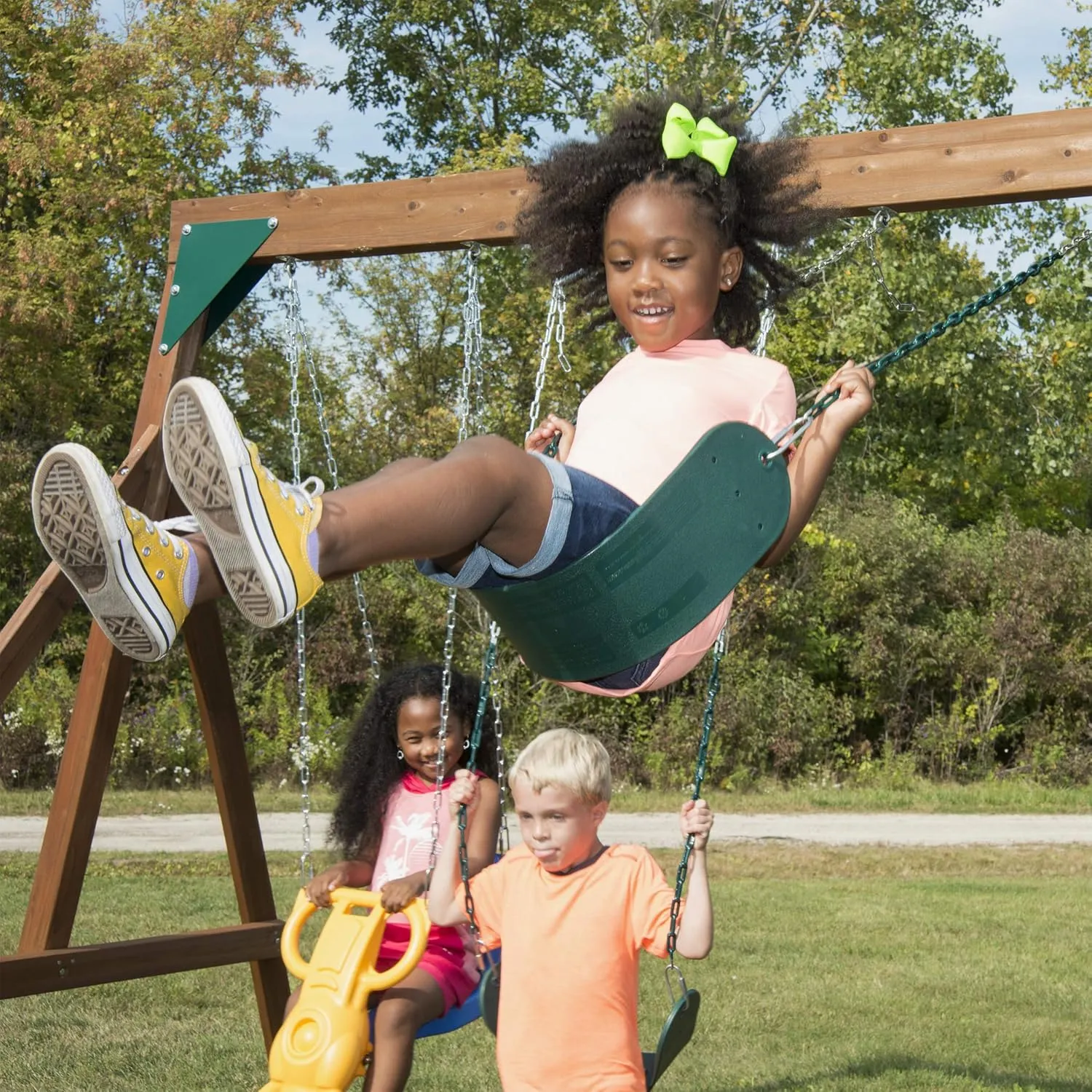 Swing-N-Slide Caribou Valley Wooden Swing Set with Wood Roof, Wave Slide, Monkey Bars, Climbing Wall, Ladder, Picnic Table, and Swings, Green Slide
