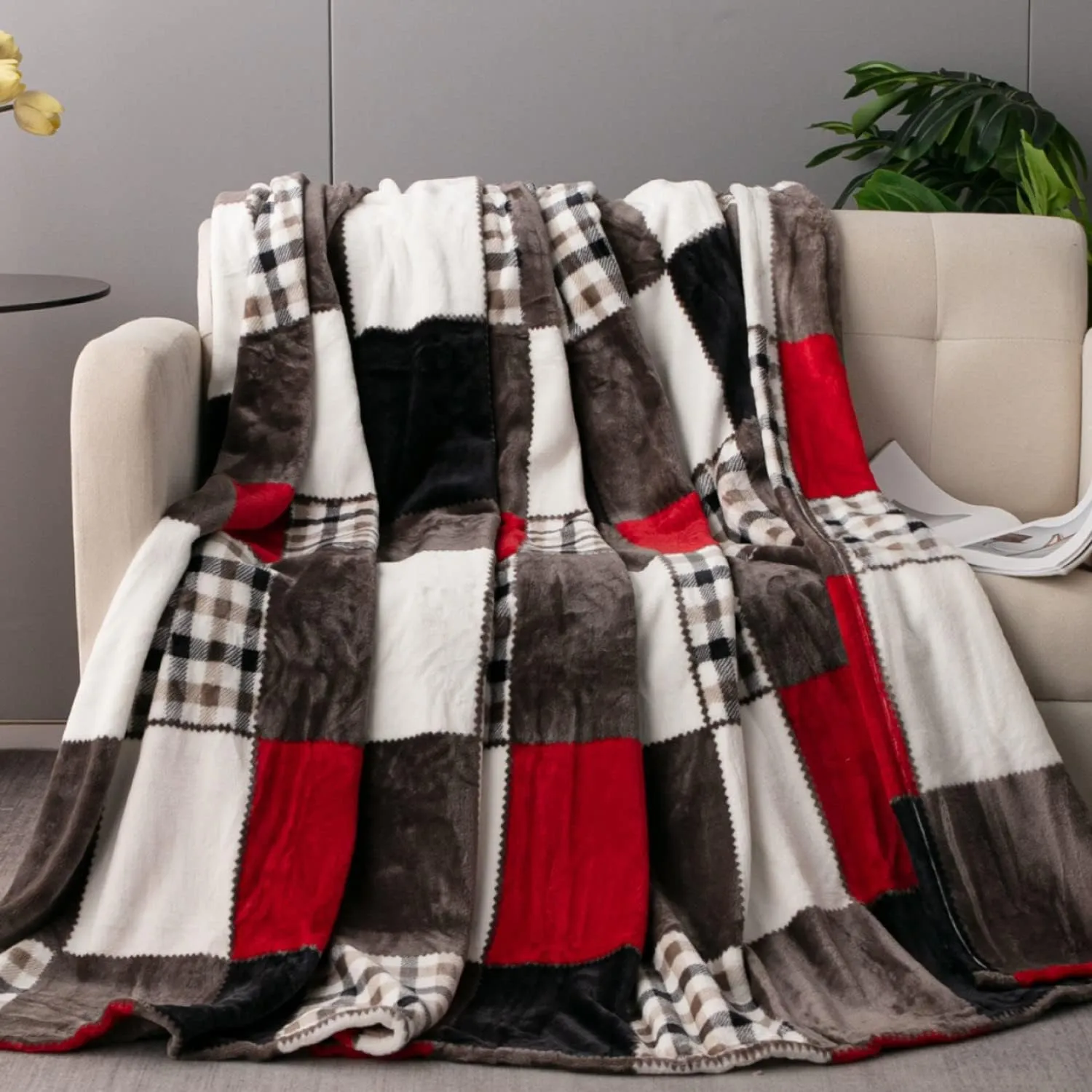 Tache Holiday Red Farmhouse Super Soft Plaid Patchwork Plush Lightweight Decorative Couch Travel, Lap, Bed Throw Blanket 90x90, Full Queen Size